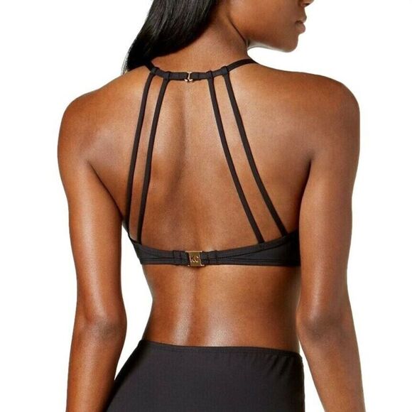 Kenneth Cole Black Halter Neck Strappy Bikini Top Gold Metal Button Detail Large - Picture 2 of 11